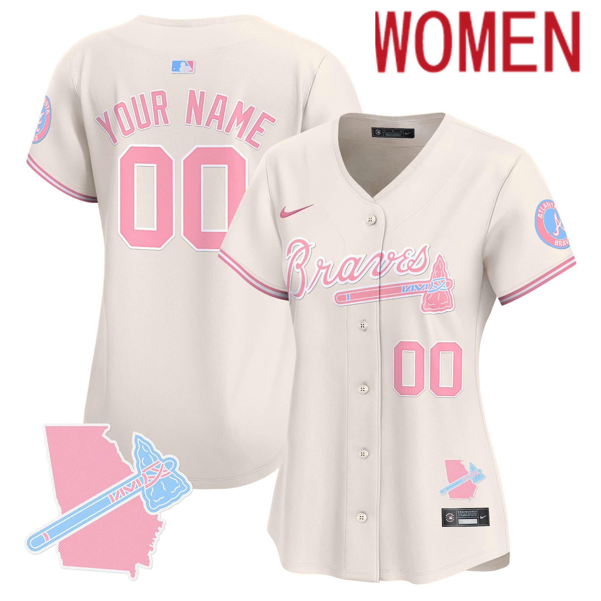 Women Atlanta Braves Cream 2024 Nike Bubblegum Pink Vapor Premier Limited Custom MLB Jersey->customized mlb jersey->Custom Jersey